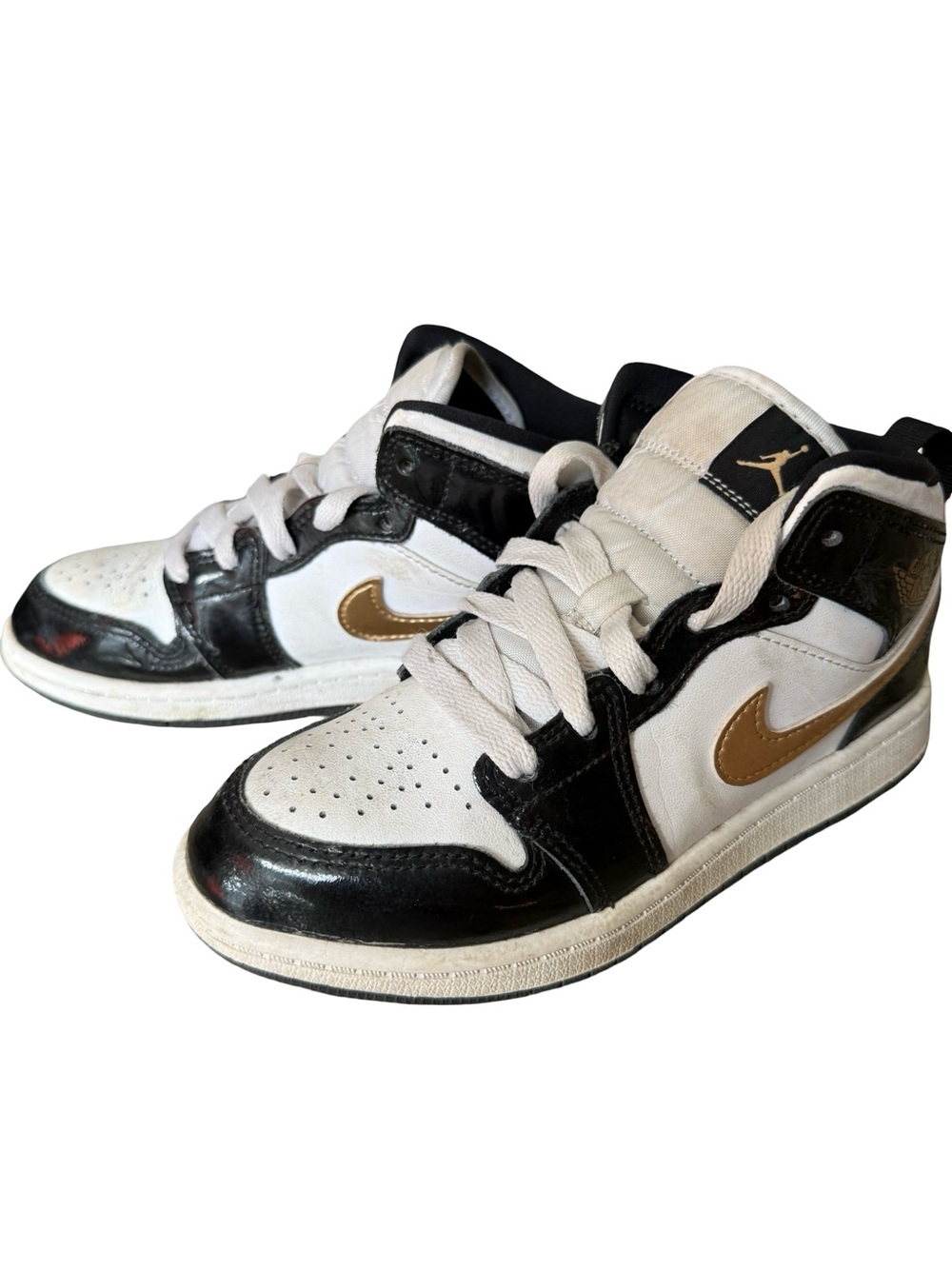 Nike Air Jordan 1 Mid PS Black Metallic Gold White Patent Size 1Y BQ6932-007